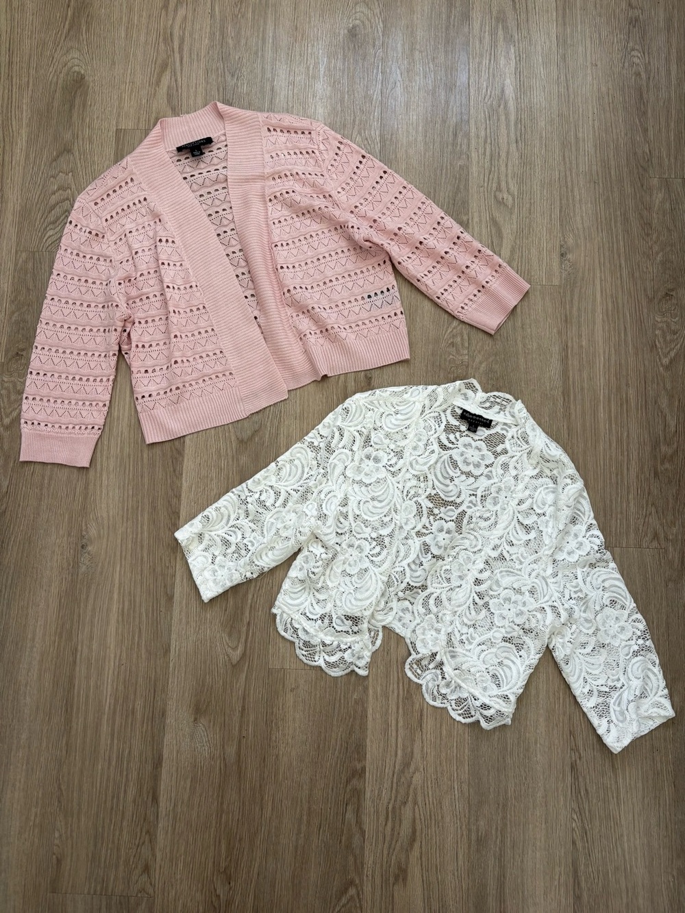 2 cropped cardigans Pink white lace large